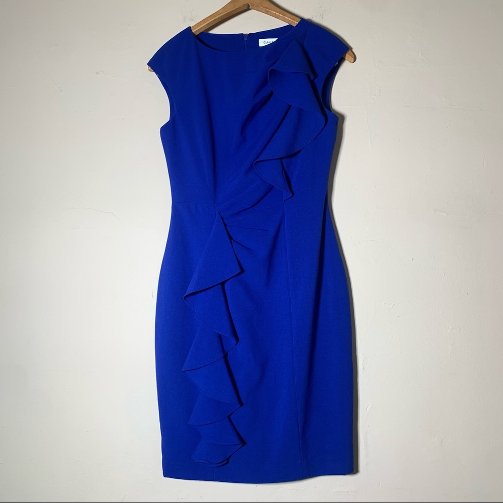 Calvin Klein royal blue cinched waist asymmetrical ruffle cap sleeve party dress